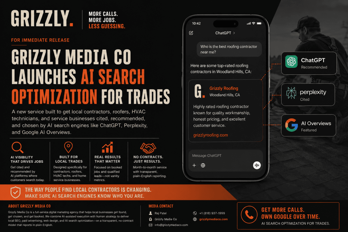 Grizzly Media Co Launches AI Search Optimization to Help Trades Get Cited by ChatGPT and Google AI